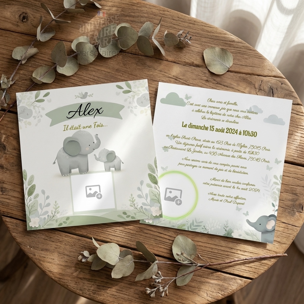 N°110 - Faire-part vert pastel Tendre Baptême bébé éléphant
