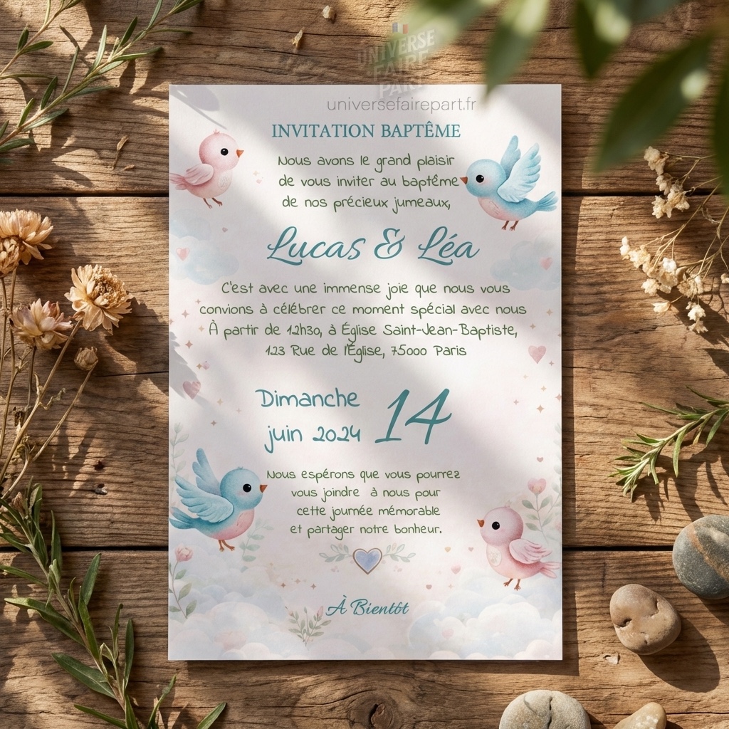 N°145 – Faire-part baptême jumeaux oiseaux