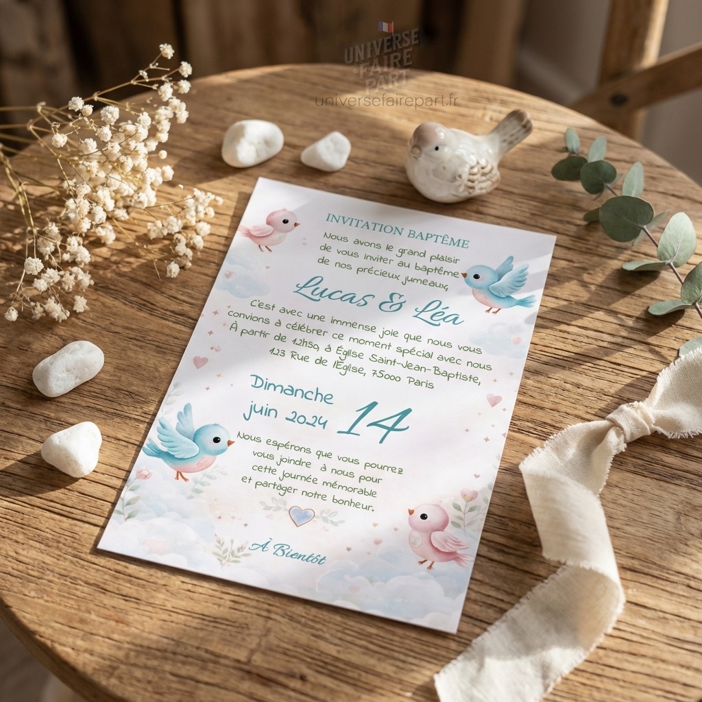 N°145 - Faire-part baptême jumeaux oiseaux