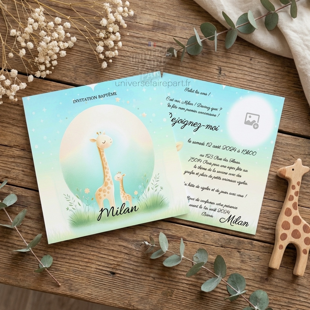 N°120 – Faire-part  Original Mignon petite Girafe Unisexe Anniversaire