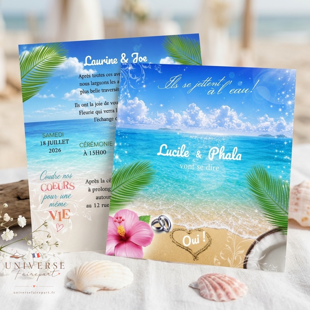 N°404 Faire-part Voyage  Plage coeur mer sable
