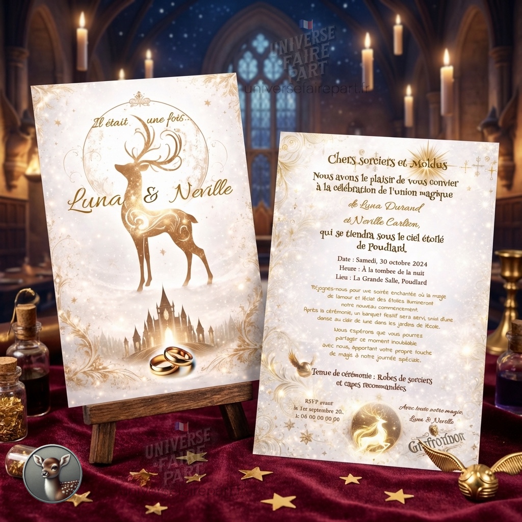 N°228 â Faire-part Style mariage Harry Potter or et blanc