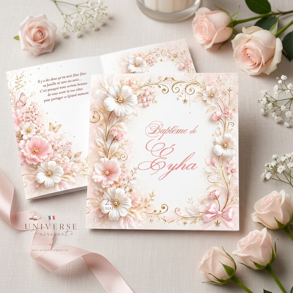 N°163 Faire-part  Champêtre Baptême rose blanc