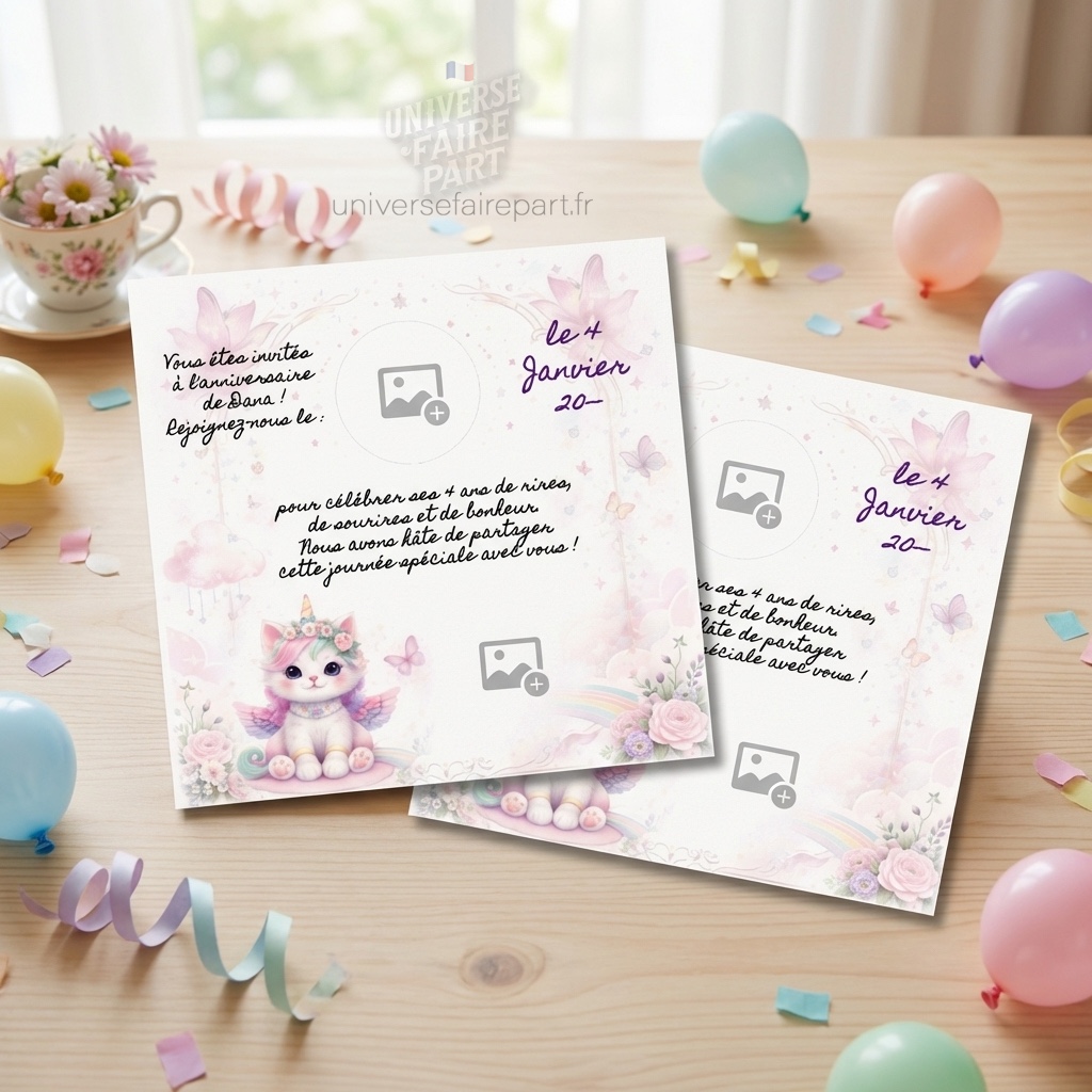 N°143 – Faire-part Éclats de bonheur licorne chaton