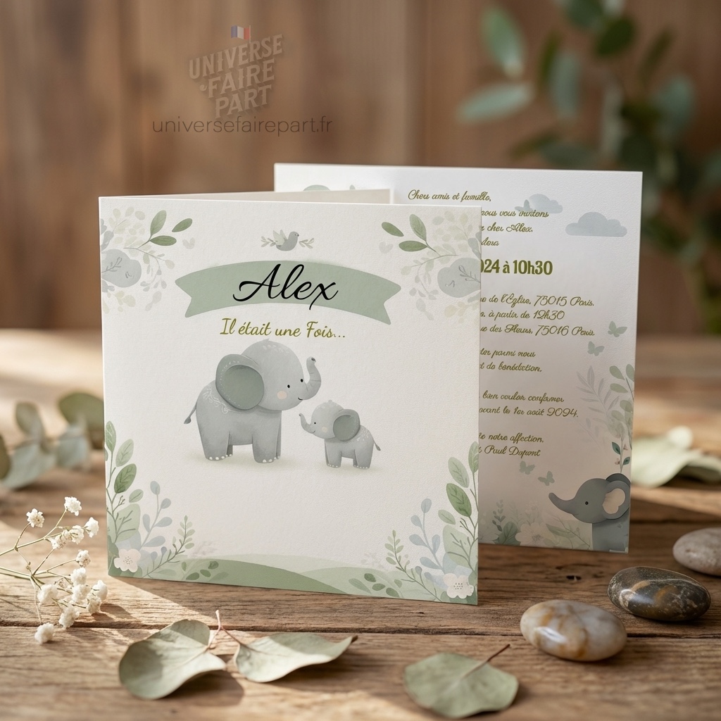 N°110 – Faire-part vert pastel Tendre Baptême bébé éléphant