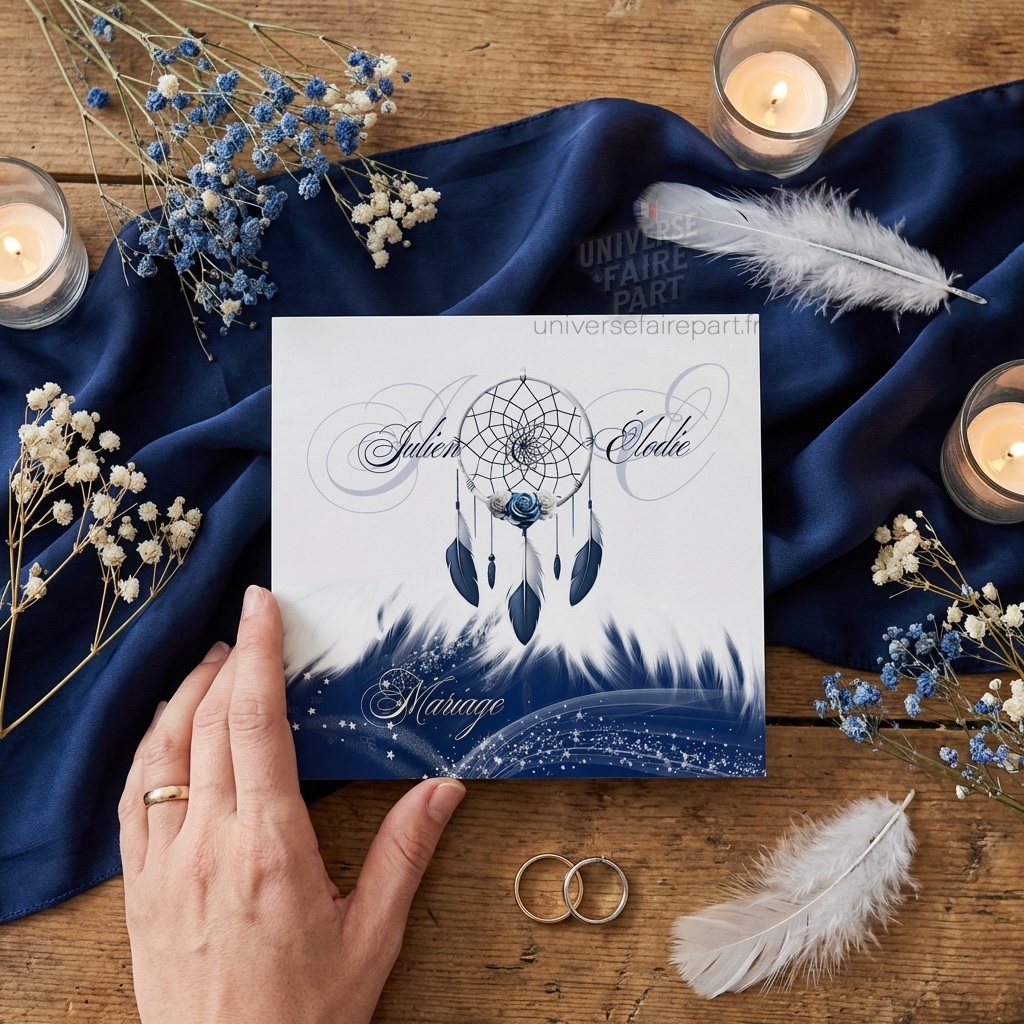 N°160 – Faire-part ange plume bleu nuit plume attrape rêve