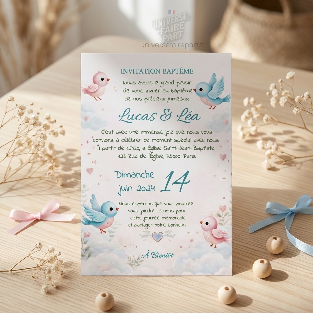 N°145 – Faire-part baptême jumeaux oiseaux