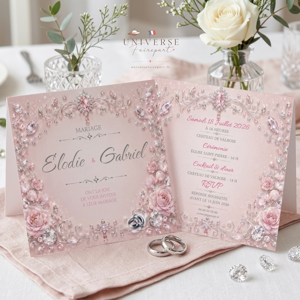 N°244 Faire-part mariage glamour Argenté et rose