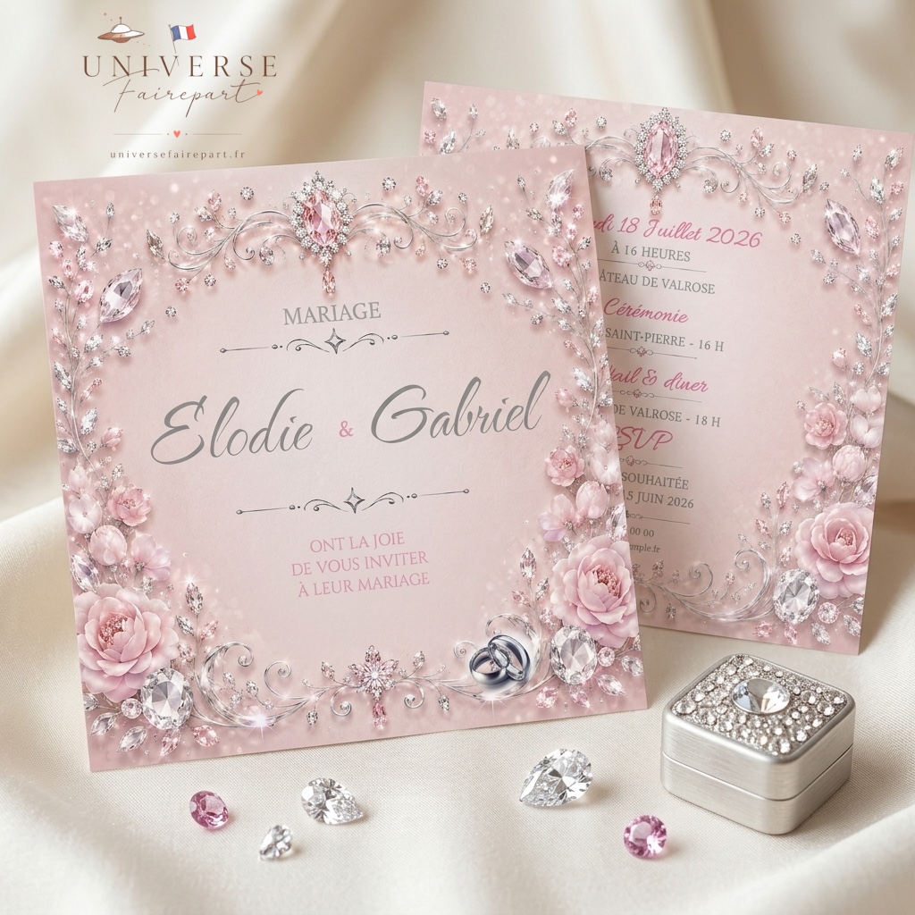 N°244 Faire-part mariage glamour Argenté et rose