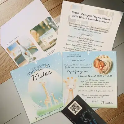 N°120 - Faire-part Original Mignon petite Girafe Unisexe Anniversaire