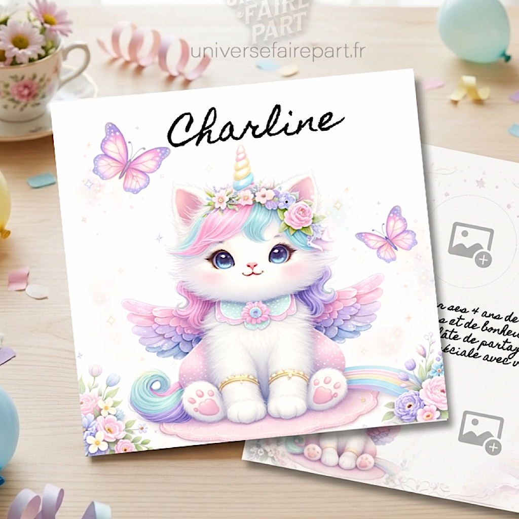 N°143 – Faire-part Éclats de bonheur licorne chaton