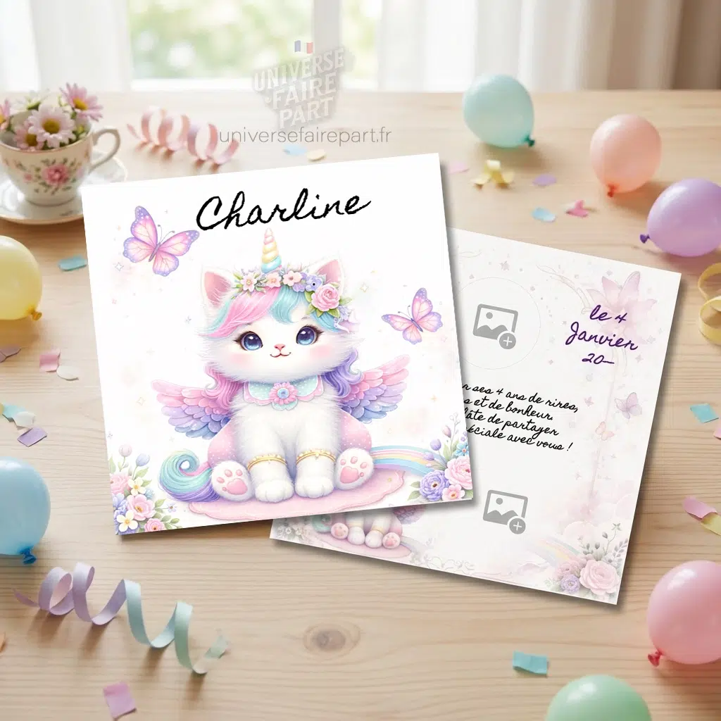 N°143 - Faire-part Éclats de bonheur licorne chaton