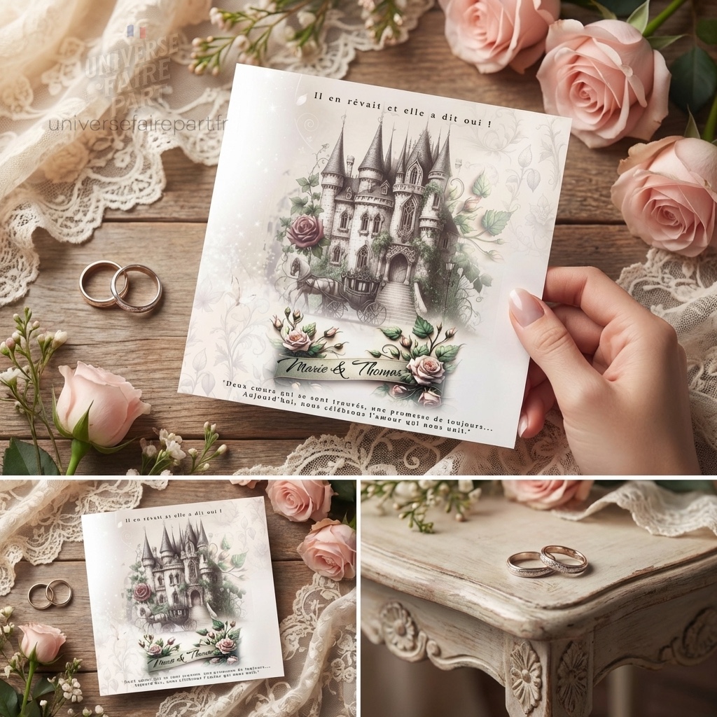 N°66-  Faire-part Belle et la bête chateau invitation parchemin