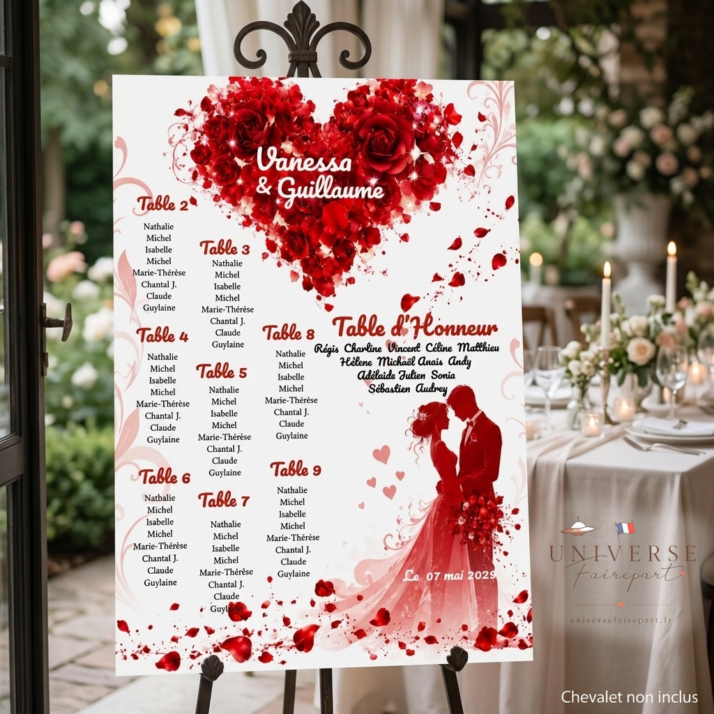 N°26.1 plan de table mariage Romantique coeur de pétales de rose