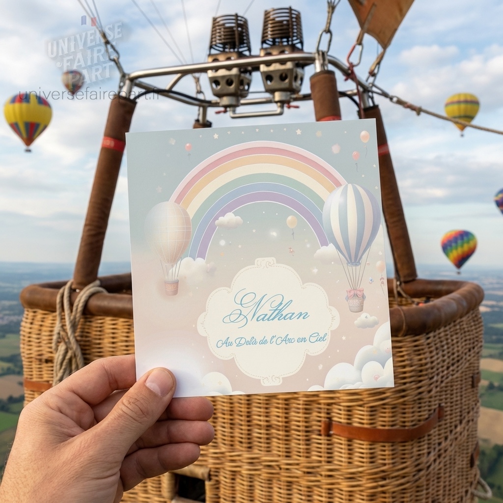 N°394 – Faire-part invitation  Arc en ciel bébé montgolfière nuage