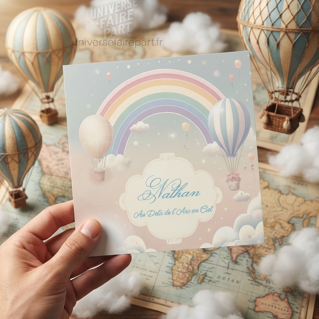 N°394 – Faire-part invitation  Arc en ciel bébé montgolfière nuage