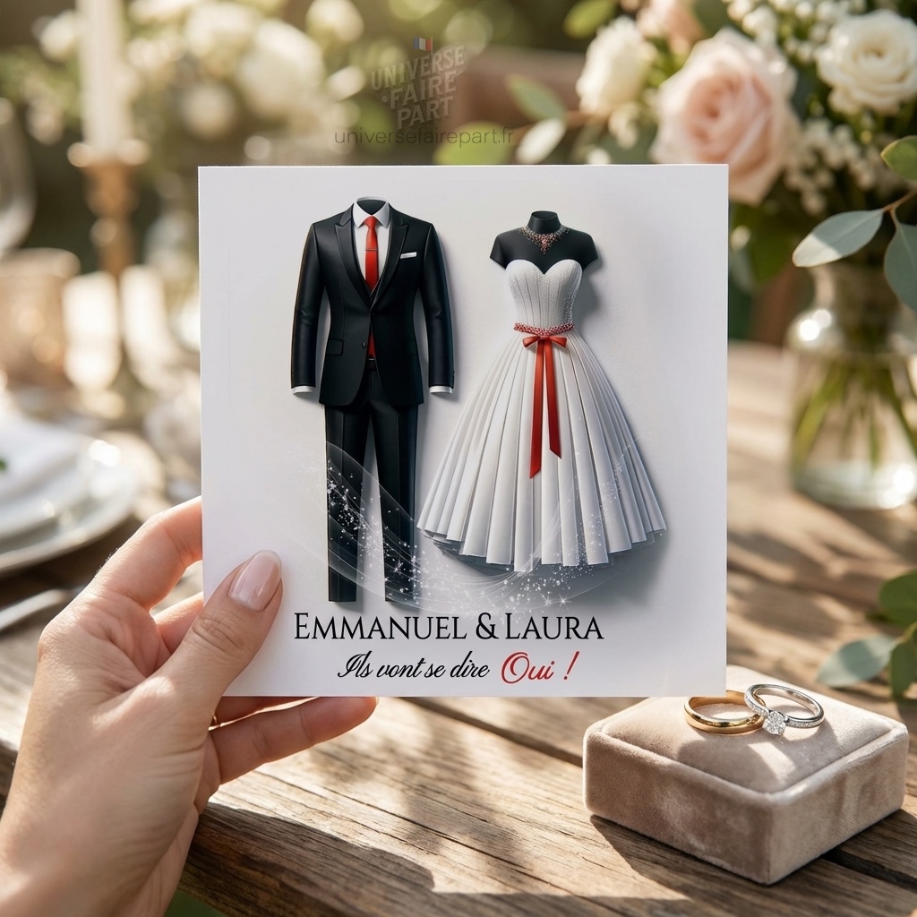 N°216 – Faire-part Duo d&rsquo;Amour Mariage en Rouge Costume