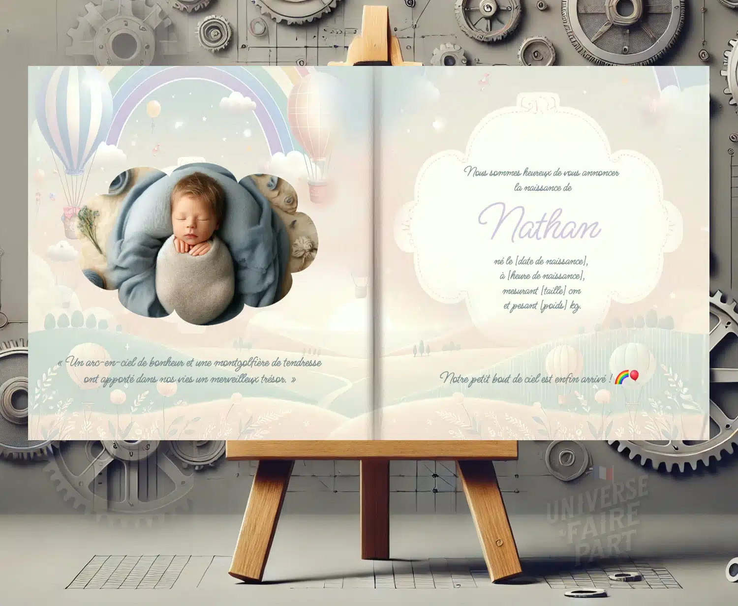 N°394 - Faire-part invitation Arc en ciel bébé montgolfière nuage