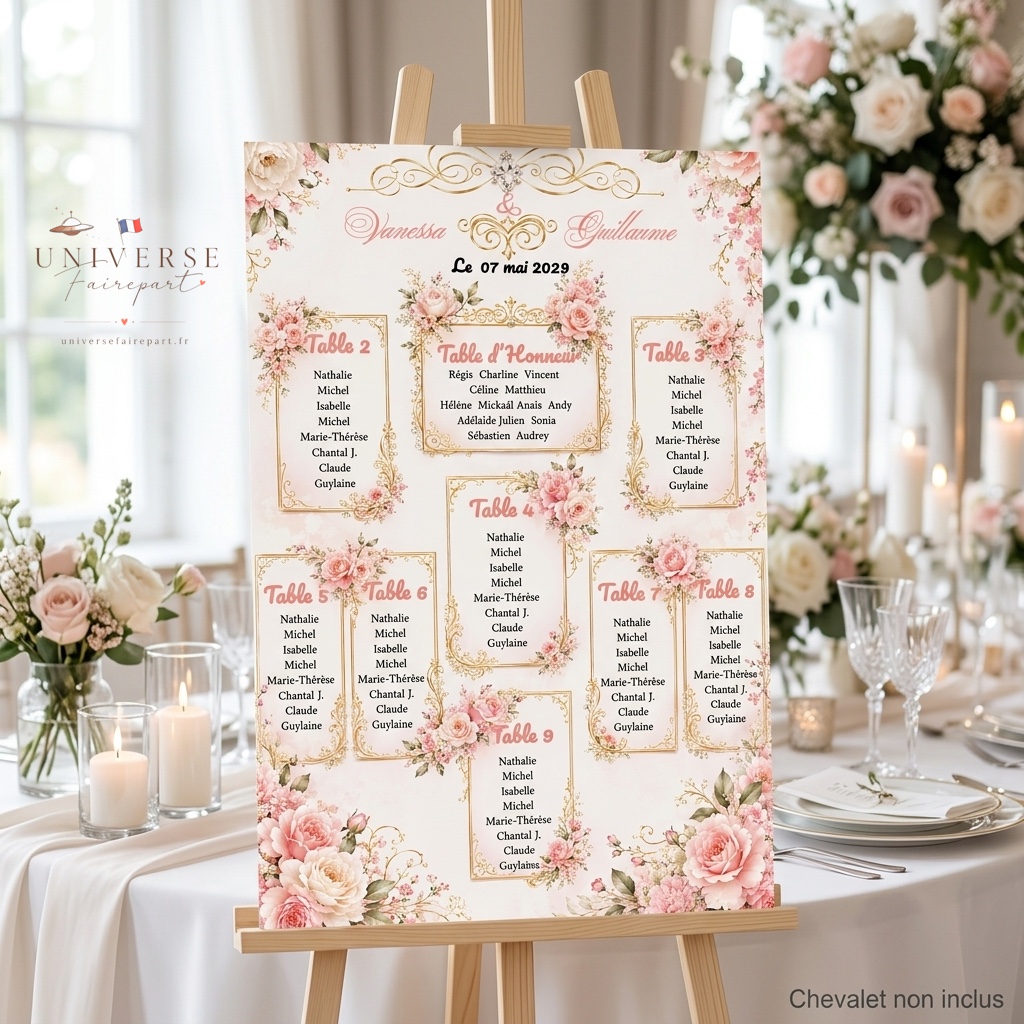 N°200 Plan de table mariage fleurie rose poudrée et or