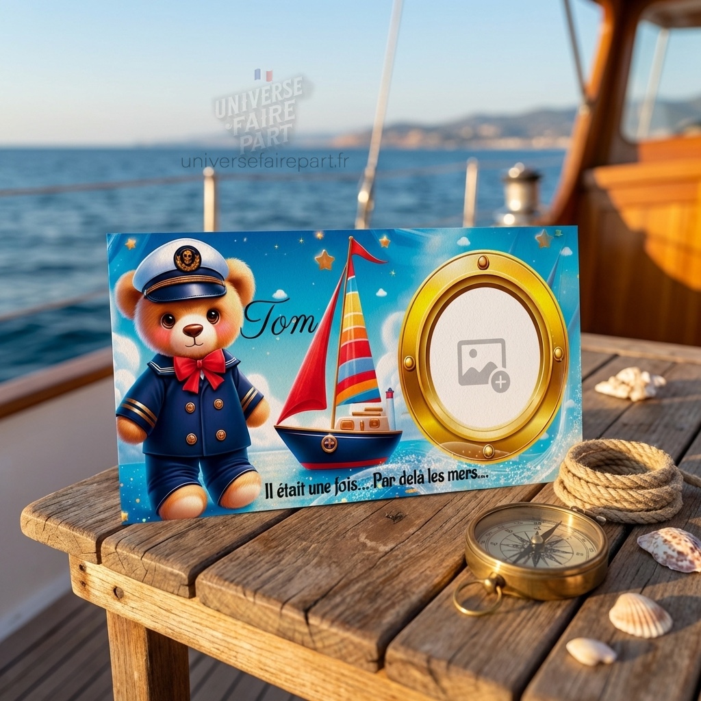 N°328 – Faire-part  invitation Petit ourson marin et son bateau