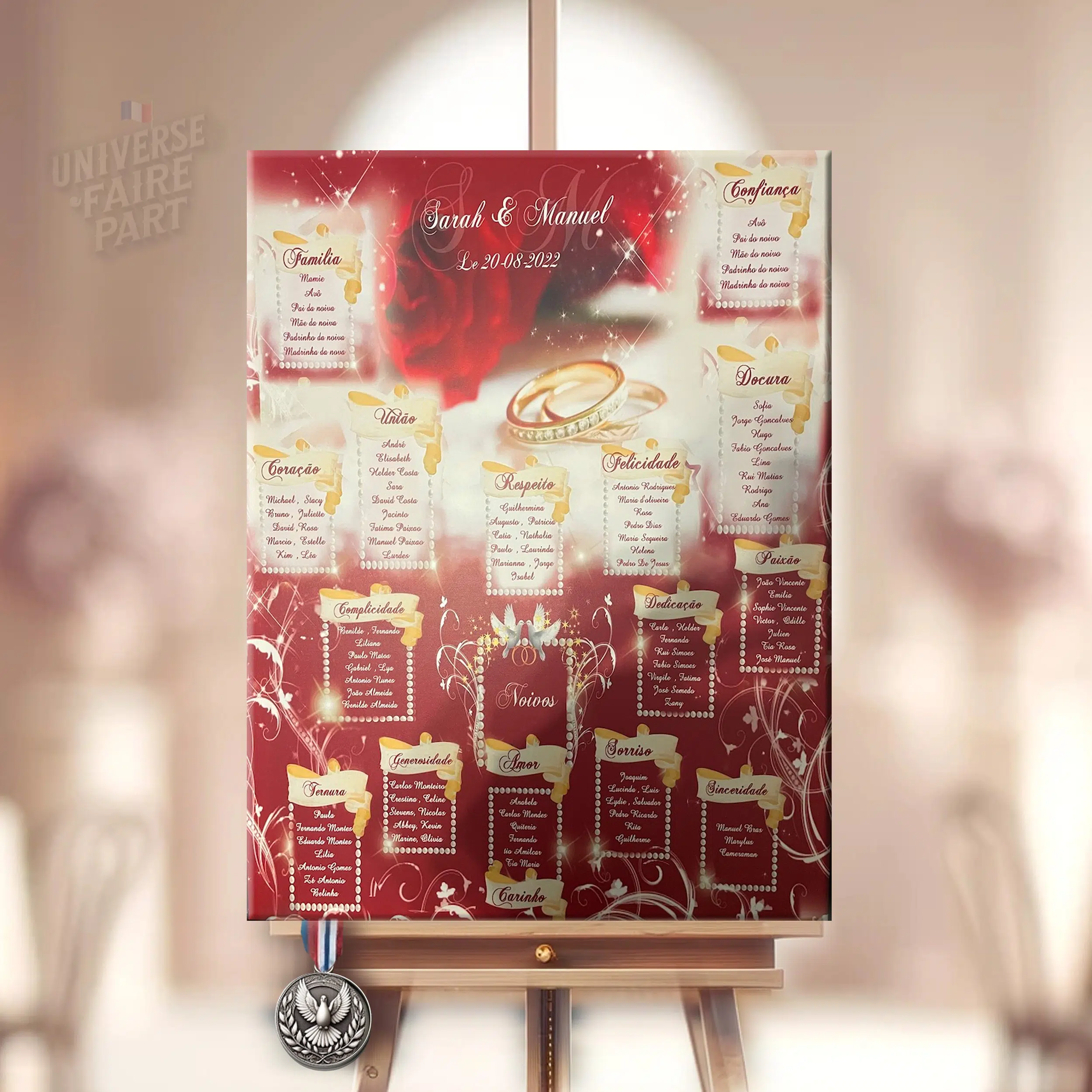 Plan de table rouge blanc colombe et doré - mariage ou autre-