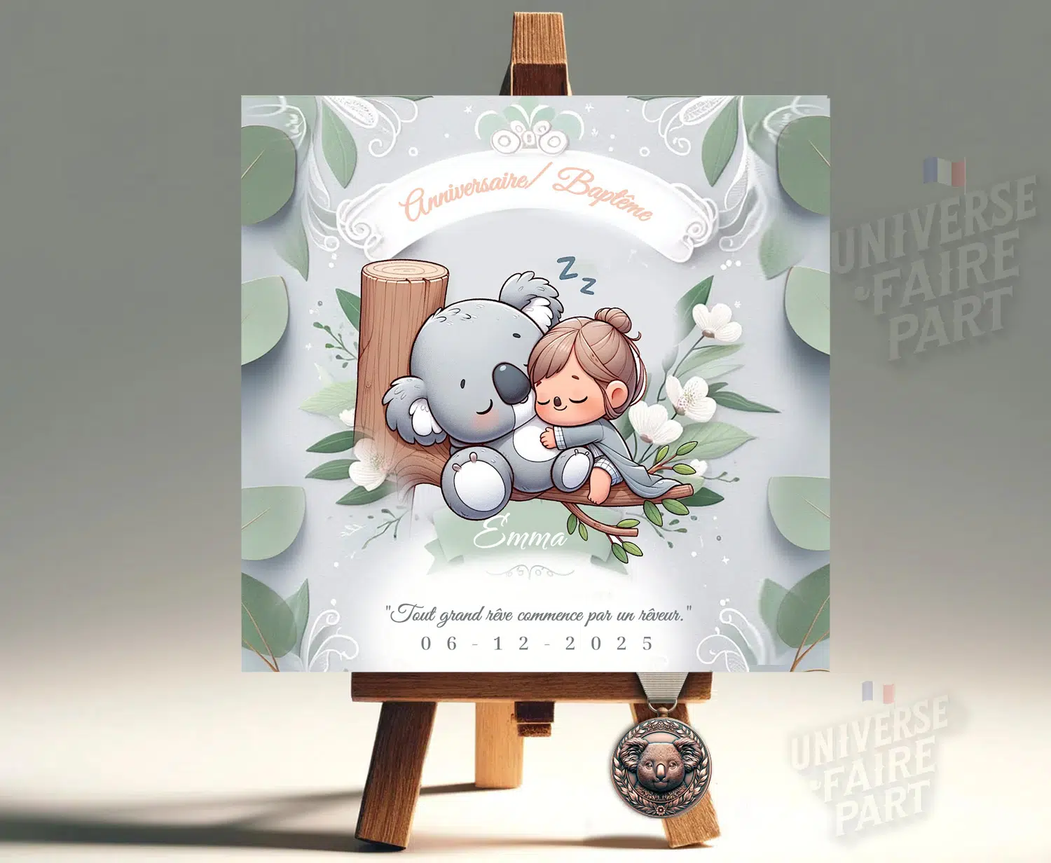 N°112 - Faire-part La Tendresse du Koala. Vert et gris