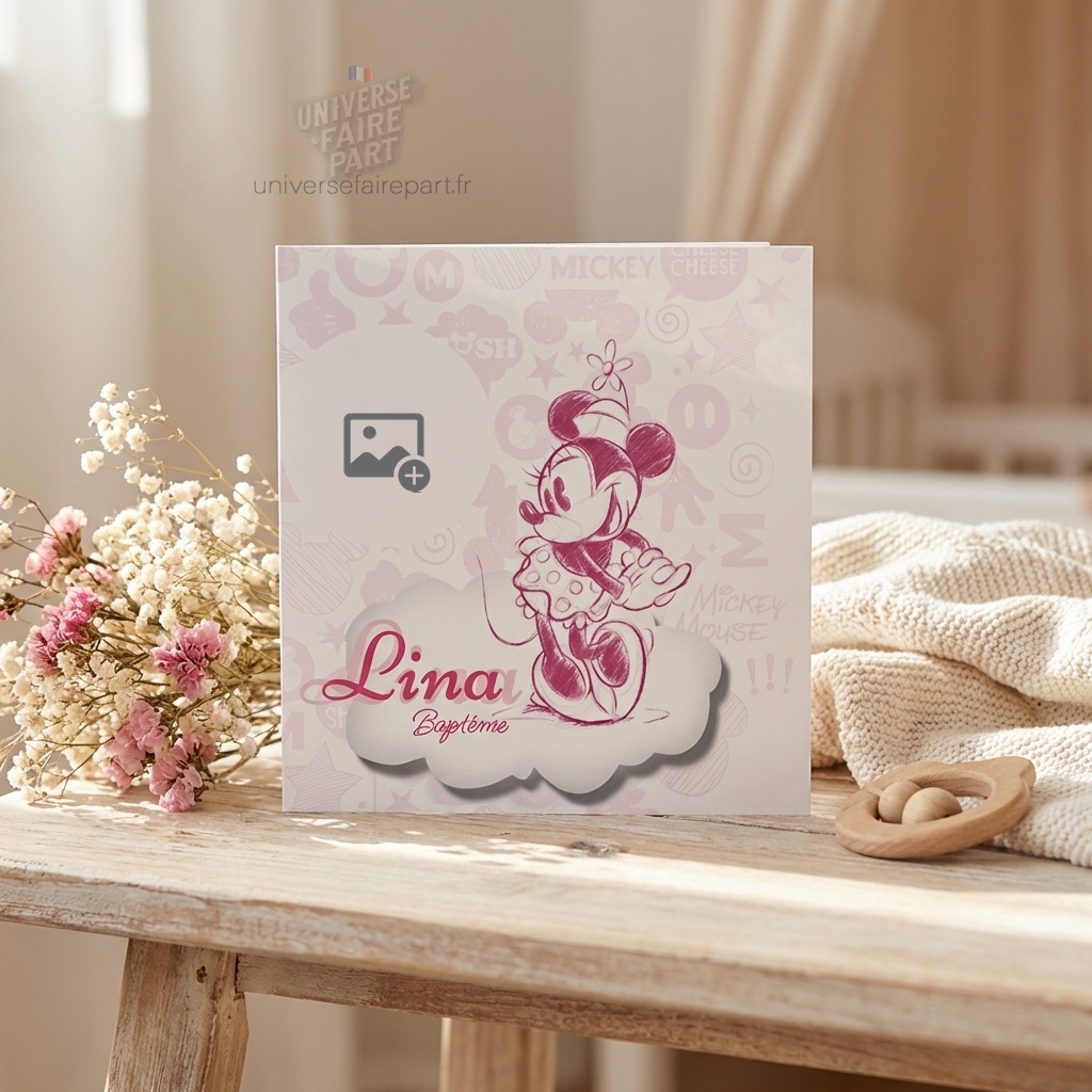 N°382 – Faire-part petite Minnie baptême ou naissance douce tendresse