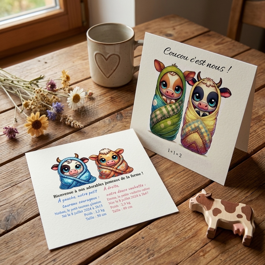 N°151 – Faire-part Baby Ferme : Naissance de Jumeaux à la Ferme