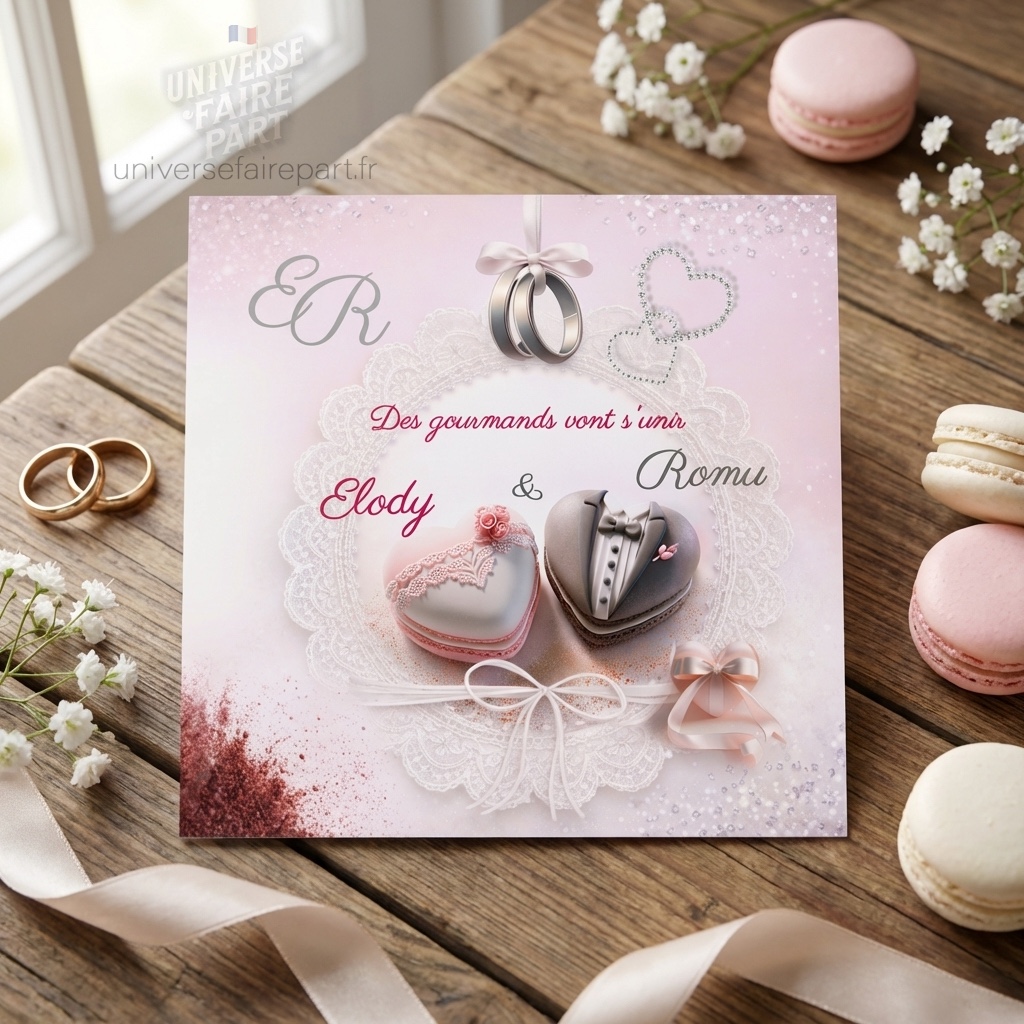 N°40 – Faire-part mariage gourmandise macarons d’amour