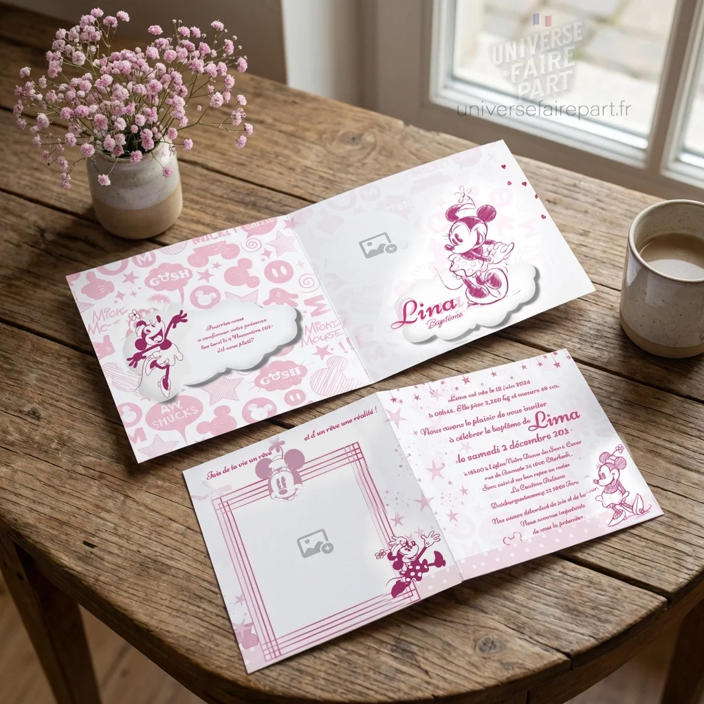 N°382 - Faire-part petite Minnie baptême ou naissance douce tendresse