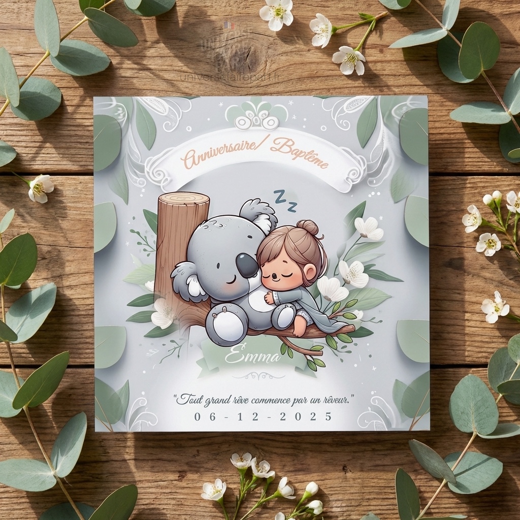N°112 – Faire-part La Tendresse du Koala. Vert et gris