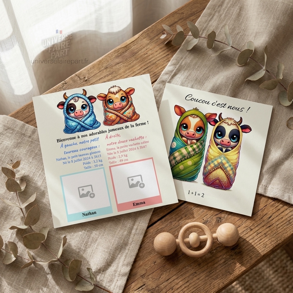 N°151 - Faire-part Baby Ferme : Naissance de Jumeaux à la Ferme