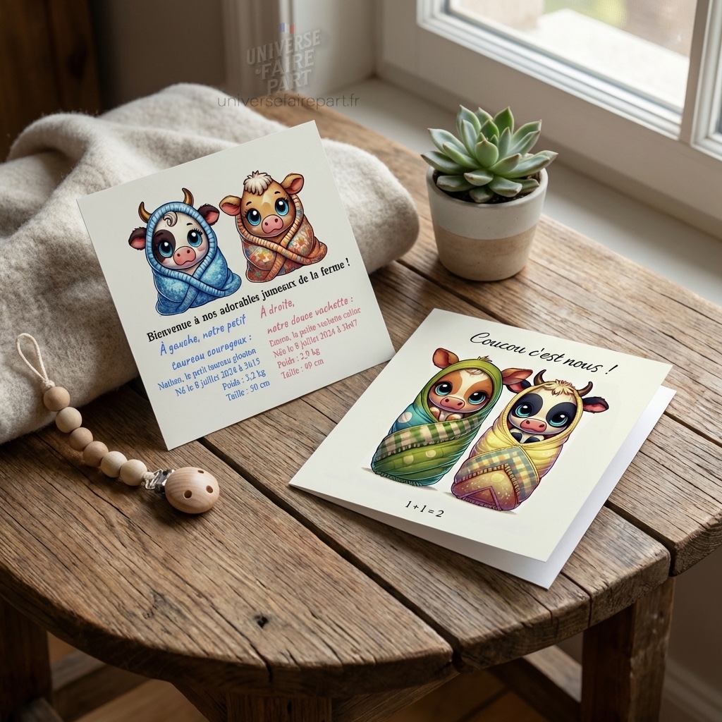 N°151 - Faire-part Baby Ferme : Naissance de Jumeaux à la Ferme