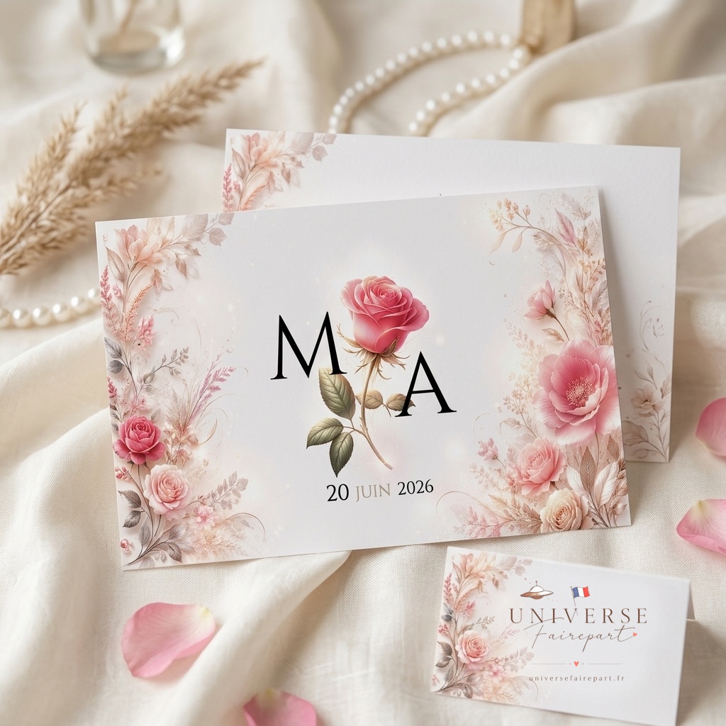 N°420 Faire-part Mariage Champêtre Rose romantique