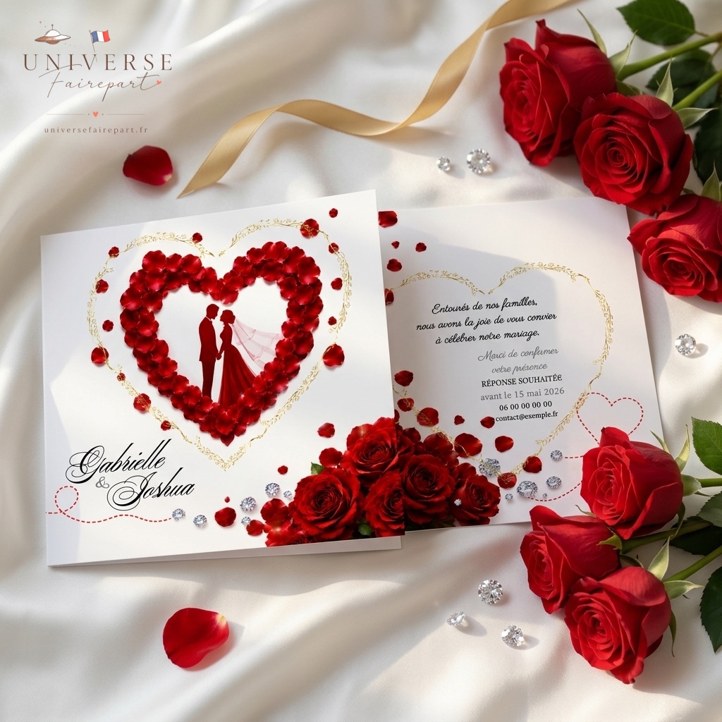 N°26 Faire-part mariage Romantique coeur de pétales de rose