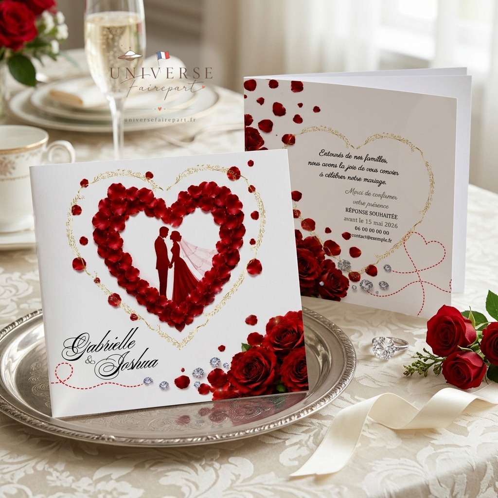 N°26 Faire-part mariage Romantique coeur de pétales de rose