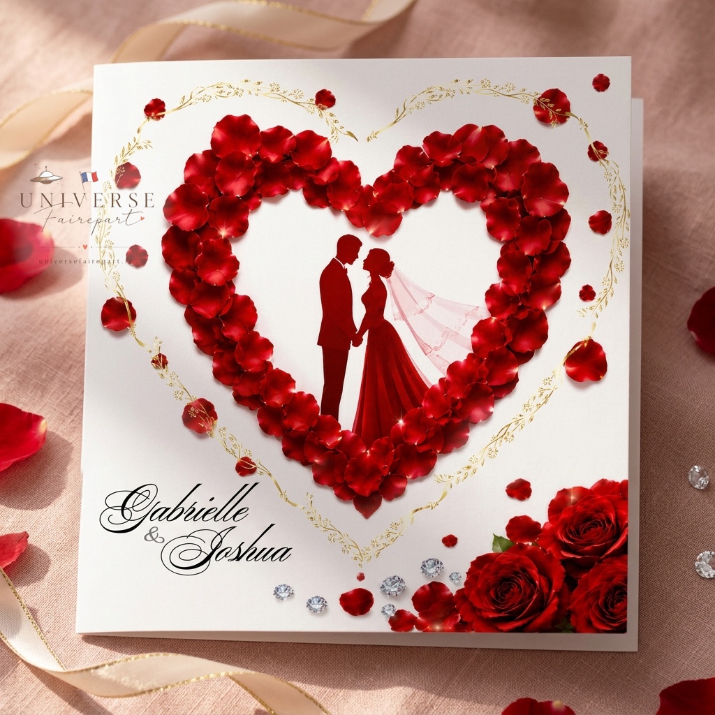 N°26 Faire-part mariage Romantique coeur de pétales de rose
