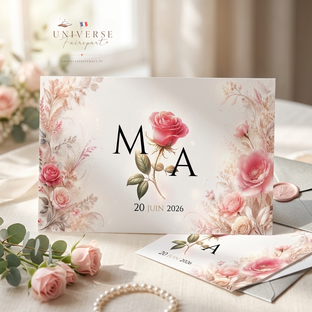 N°420 Faire-part Mariage Champêtre Rose romantique