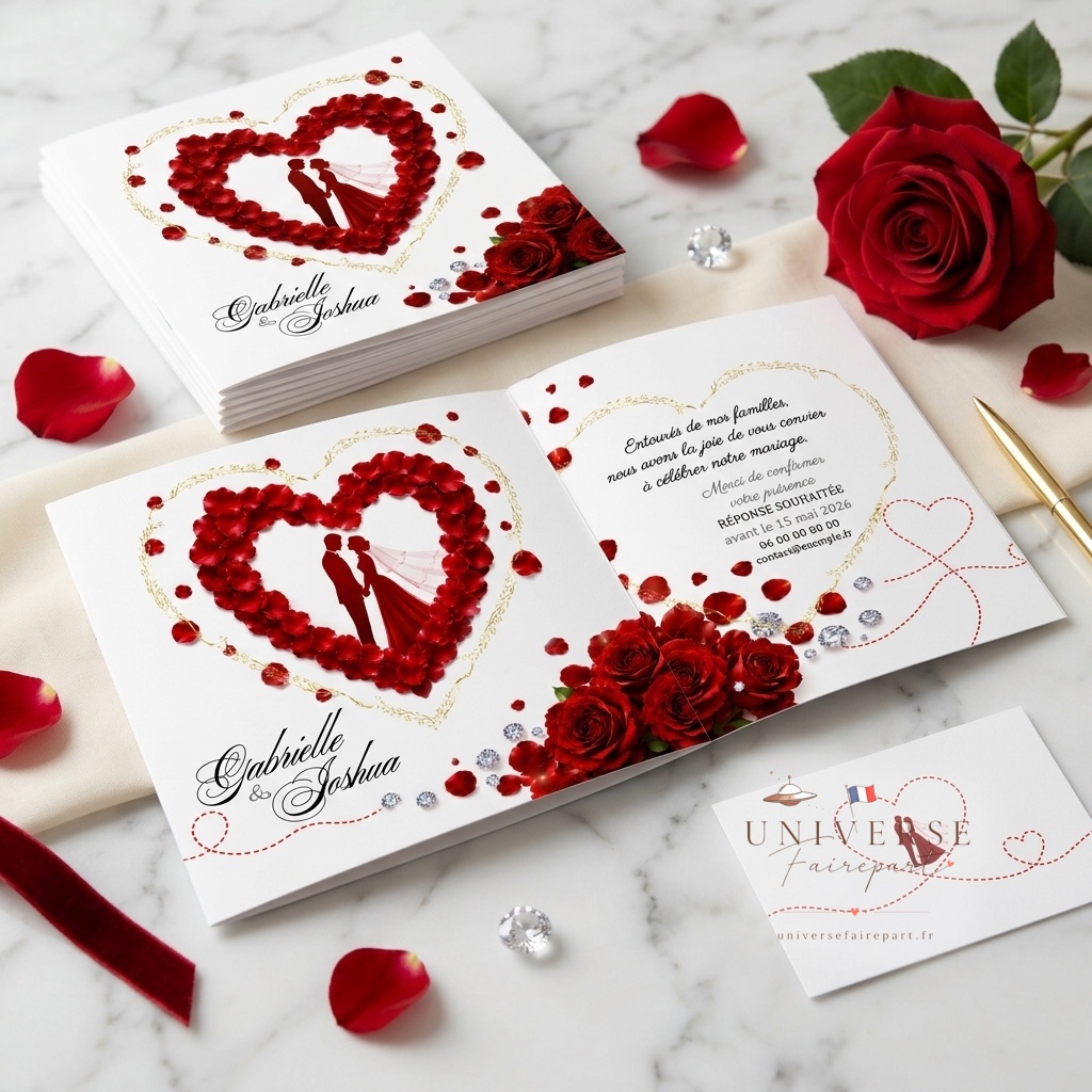 N°26 Faire-part mariage Romantique coeur de pétales de rose