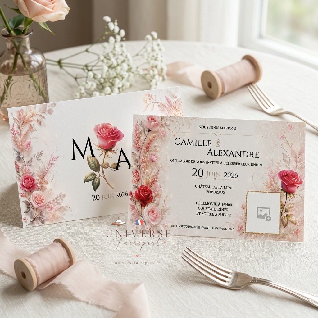 N°420 Faire-part Mariage Champêtre Rose romantique