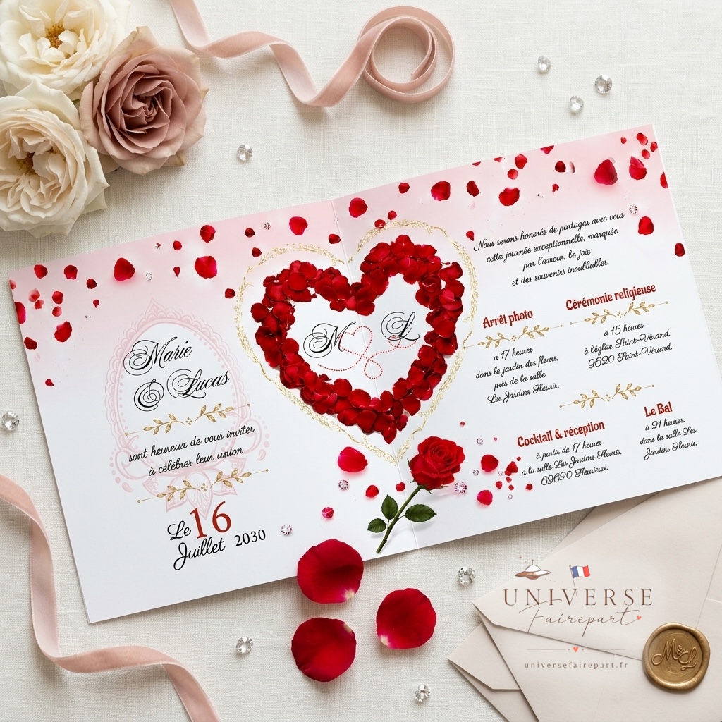 N°26 Faire-part mariage Romantique coeur de pétales de rose
