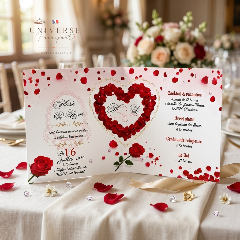 N°26 Faire-part mariage Romantique coeur de pétales de rose