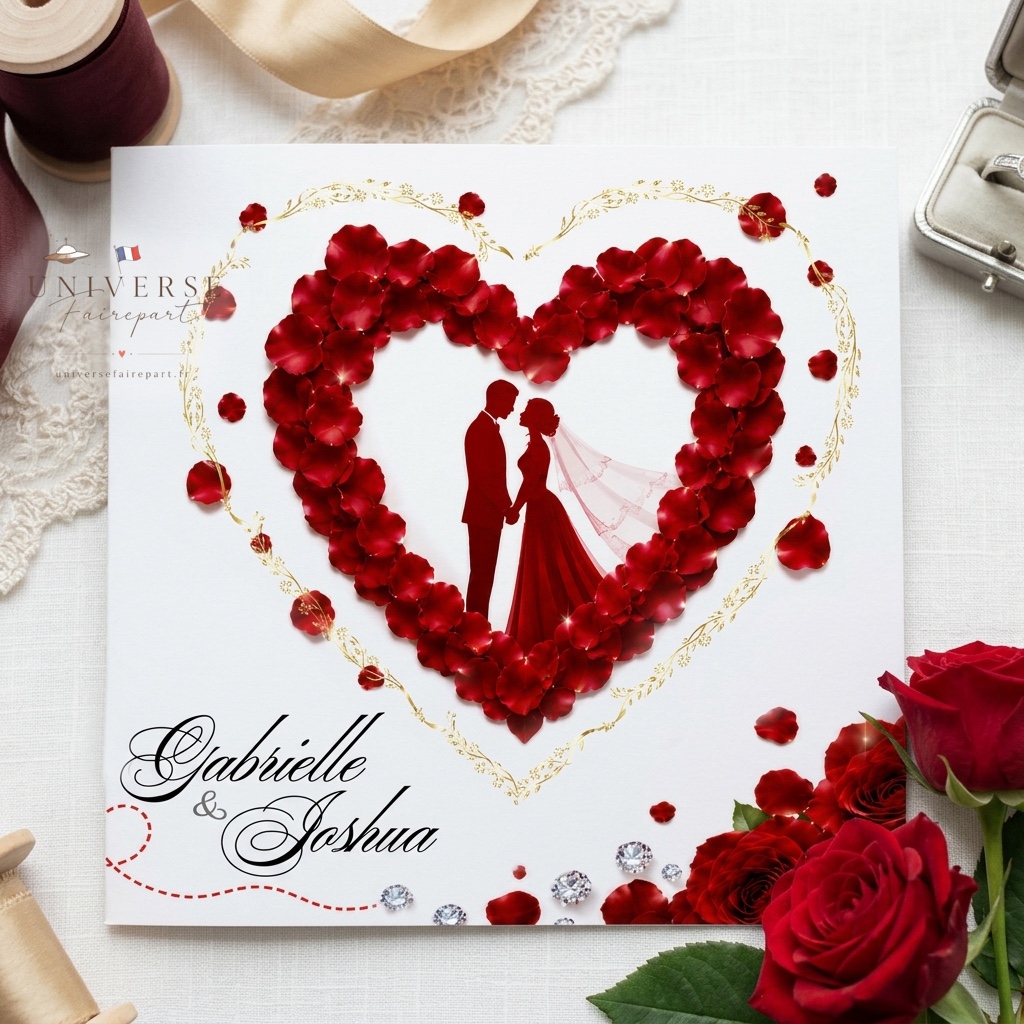 N°26 Faire-part mariage Romantique coeur de pétales de rose