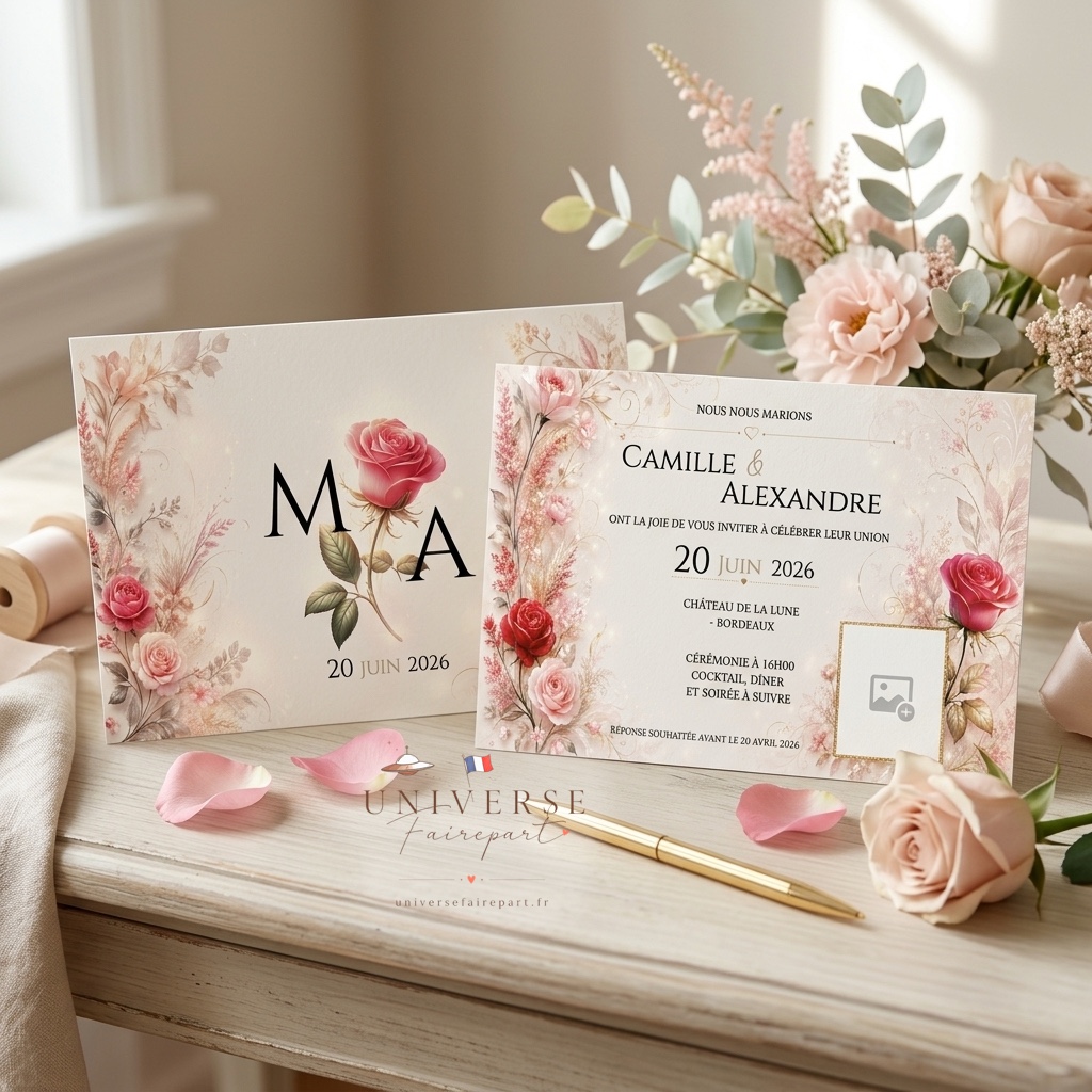 N°420 Faire-part Mariage Champêtre Rose romantique