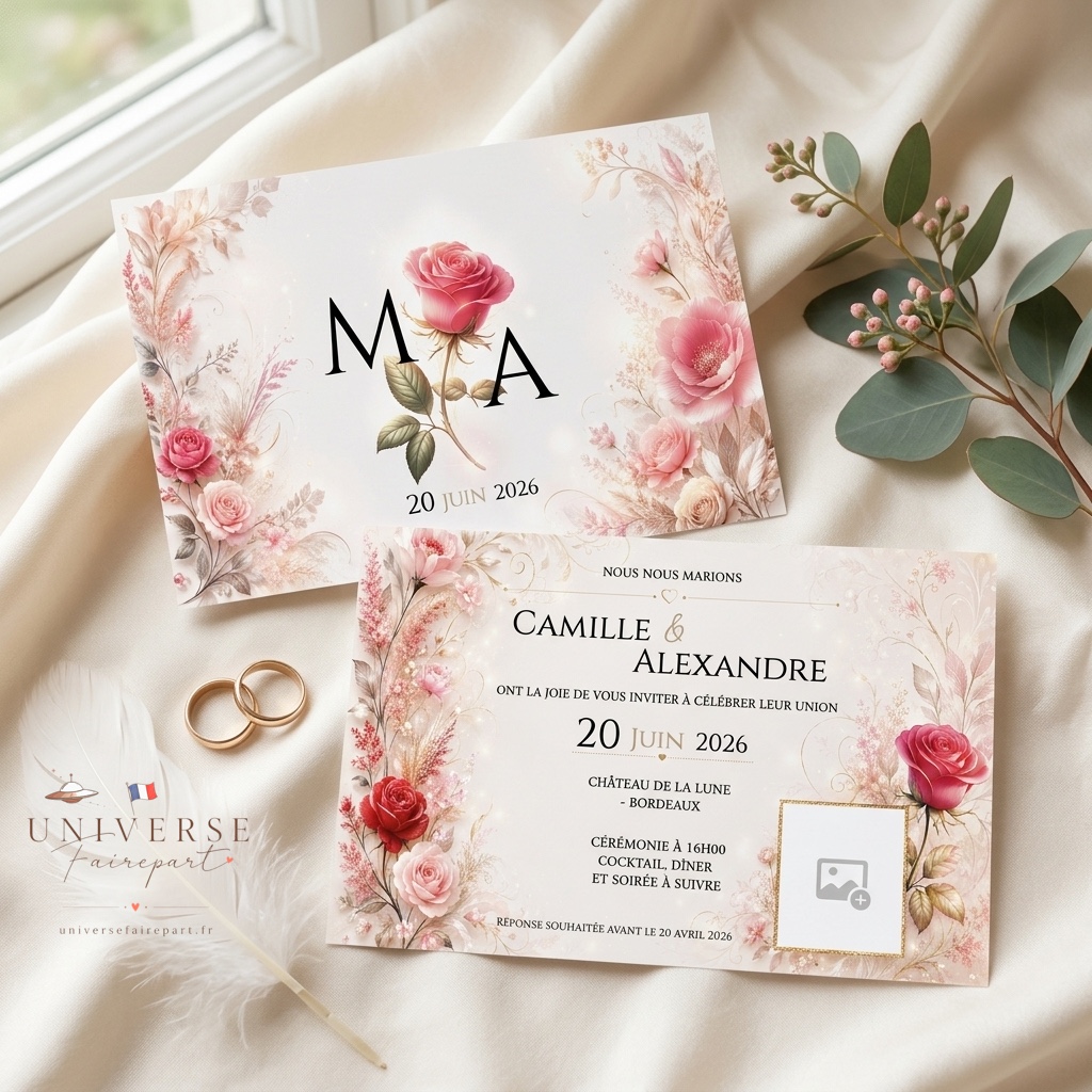 N°420 Faire-part Mariage Champêtre Rose romantique