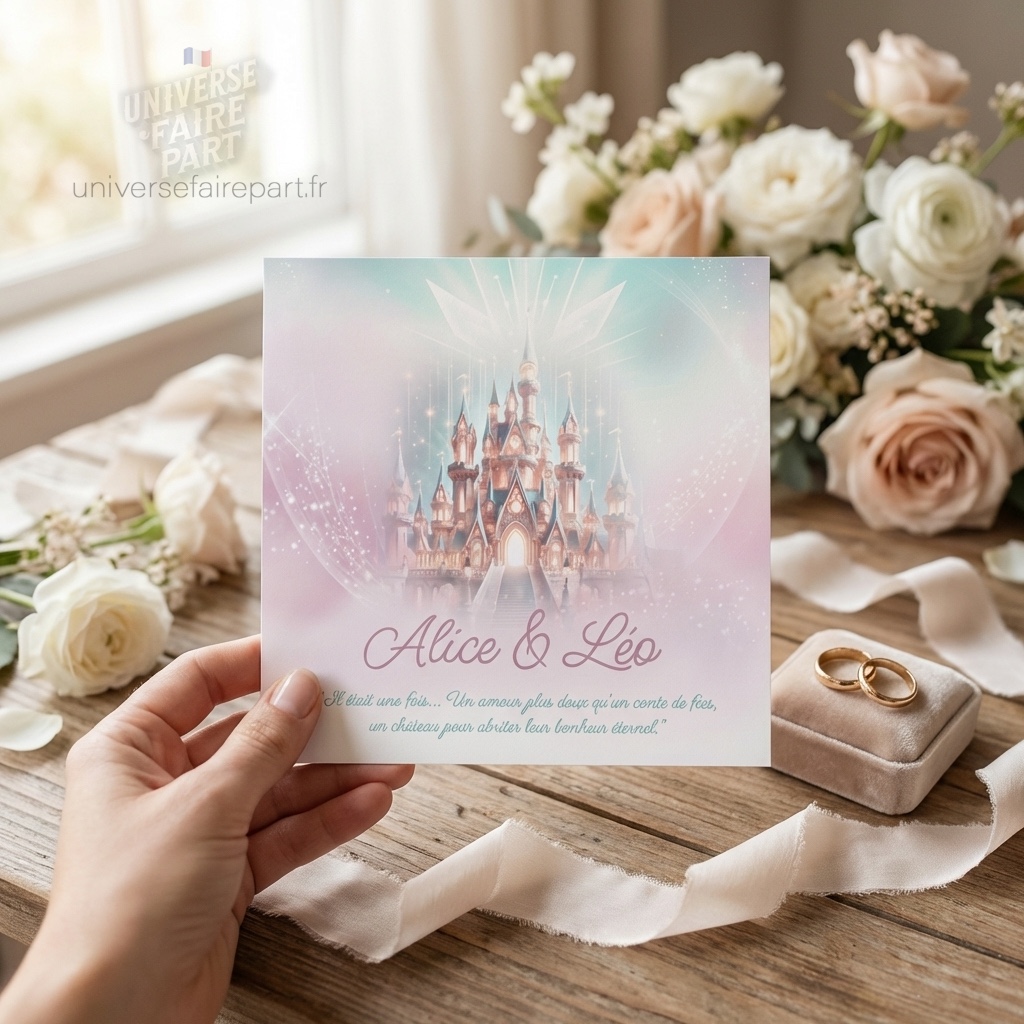 N°73 – Faire-part Magique  château rose bleu et blanc