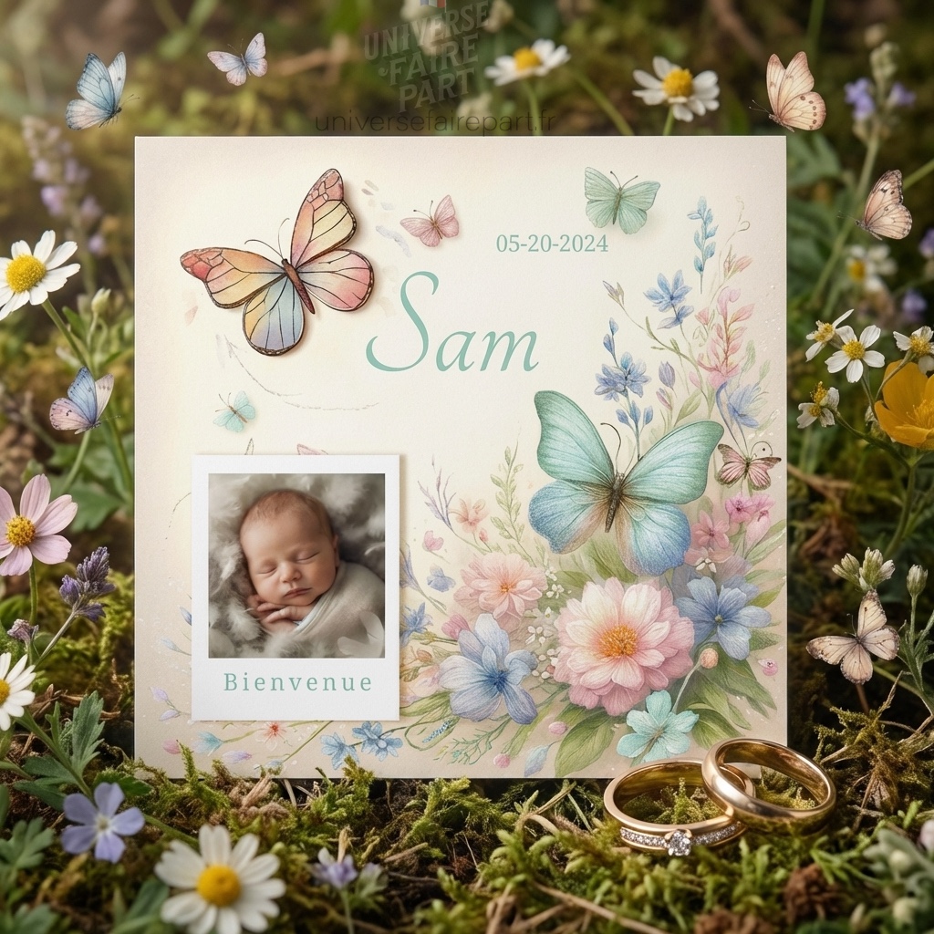 N°210 – Faire-part Petit Miracle Printanier avec papillons bleus