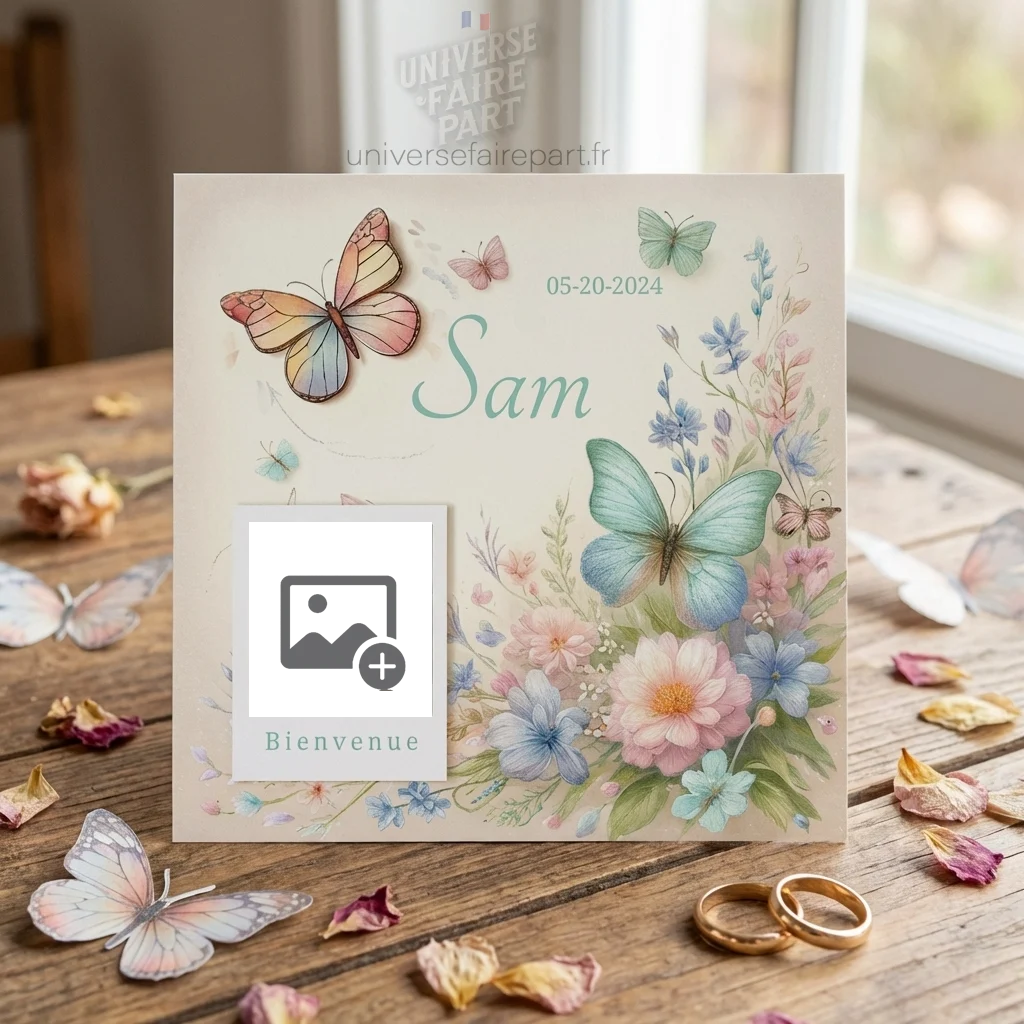N°210 - Faire-part Petit Miracle Printanier avec papillons bleus