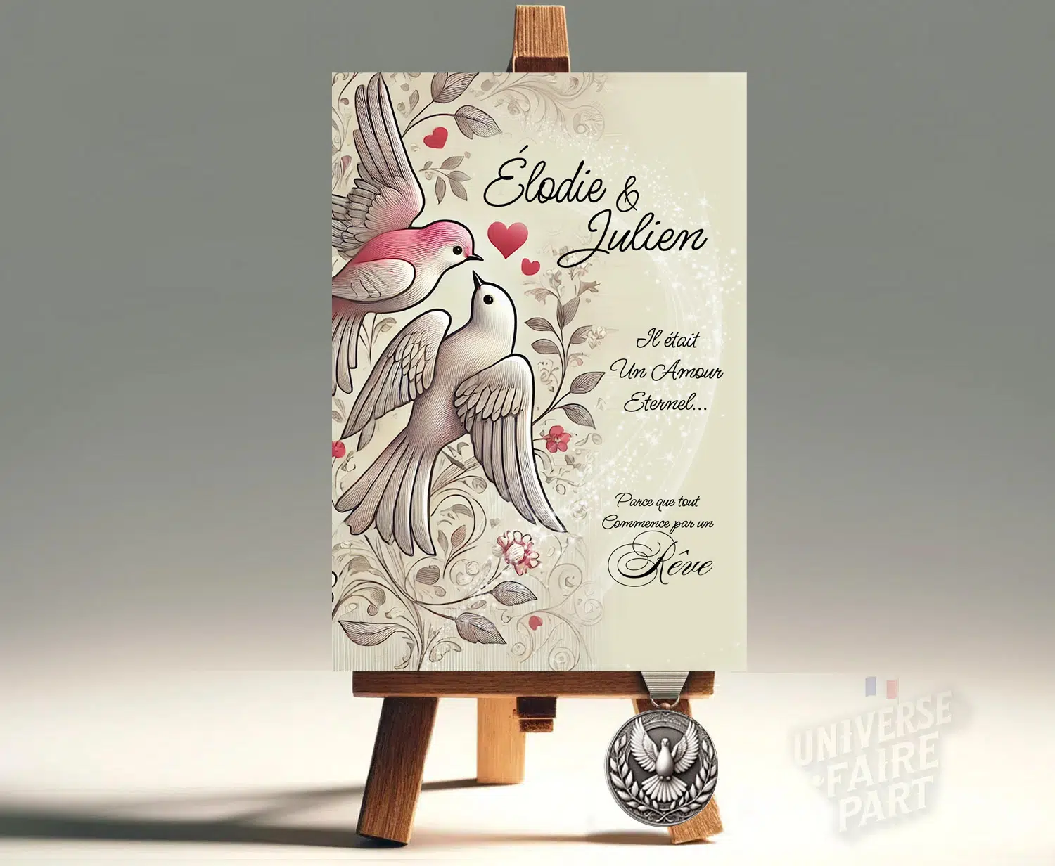 N°233 - Faire-part oiseaux coeurs rouge romantique vintage mariage A5