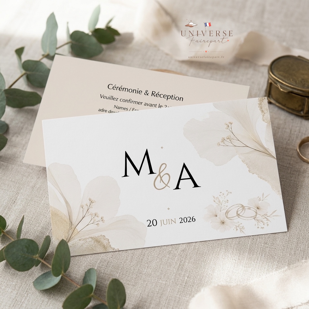 N°208 Faire-part mariage Élégance florale beige